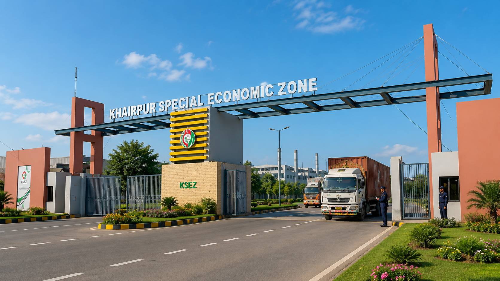 Main entrance of Khairpur Special Economic Zone with industrial traffic entering the zone